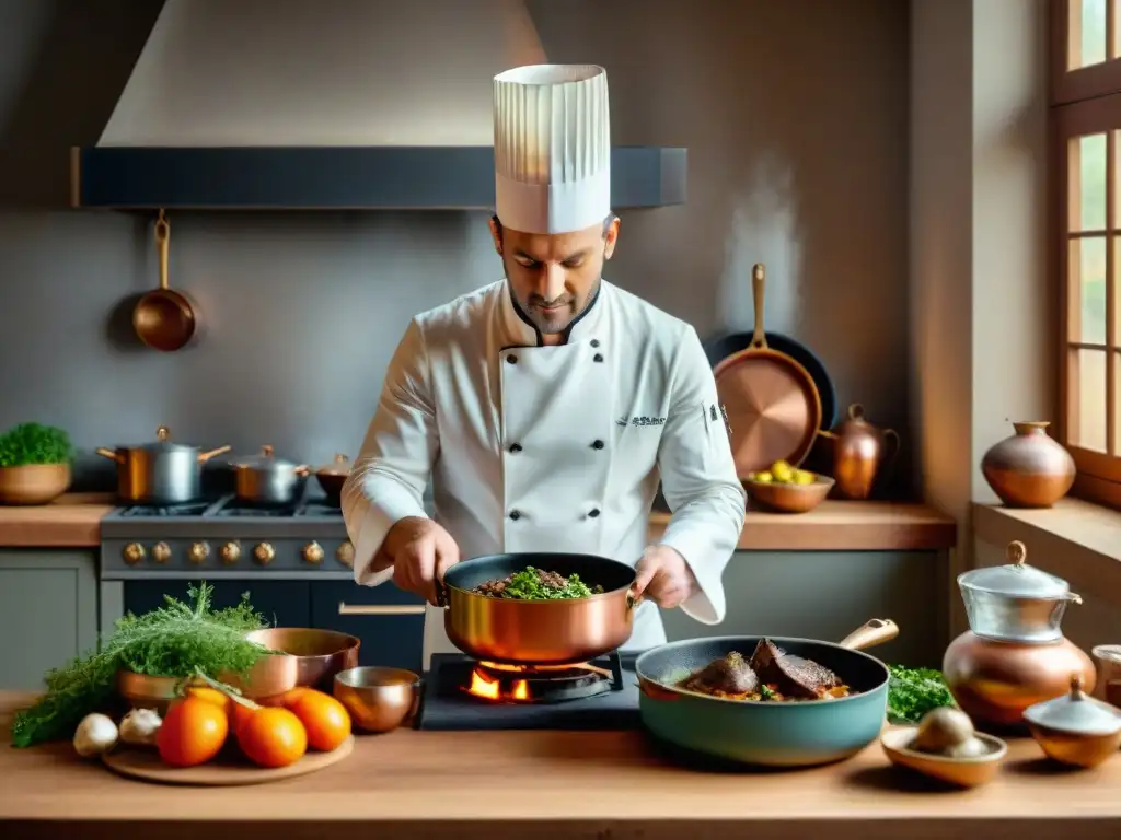 Cocinero francés preparando Coq au Vin en cocina francesa, cursos online cocina francesa