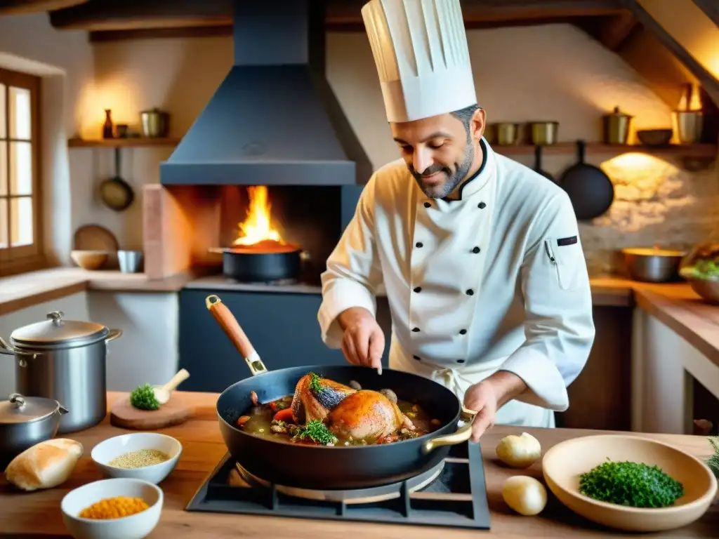 Un cocinero francés experto preparando Coq au Vin en la cocina de RódanoAlpes