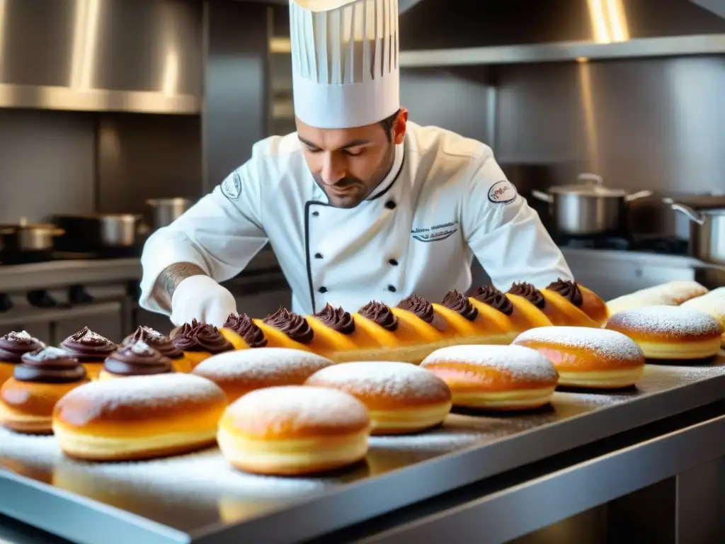 Cocinero francés experto elaborando un ecler con crema, en cocina parisina