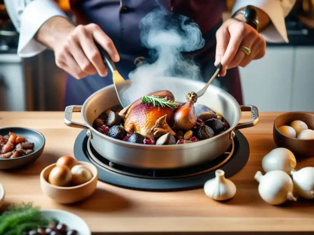 Cocinero francés preparando la receta Coq au Vin internacional en una cocina rústica y acogedora