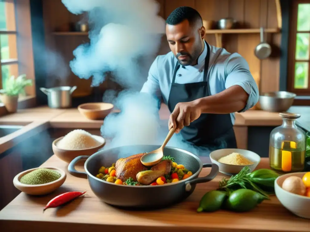 Un cocinero guadalupeño preparando 'Colombo de poulet' en una cocina tradicional llena de utensilios y especias