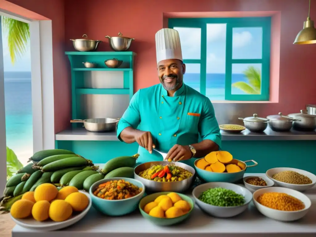 Un cocinero guadalupeño prepara recetas tradicionales en una cocina colorida y llena de ingredientes tropicales