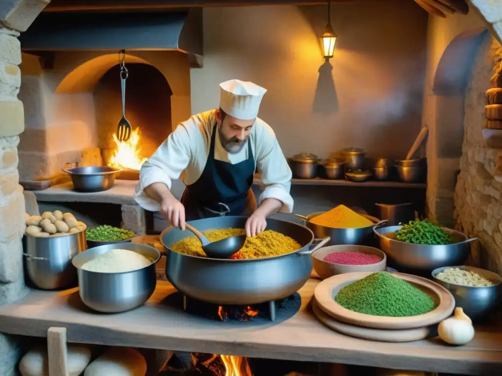 Un cocinero medieval revuelve un caldero en una bulliciosa cocina francesa