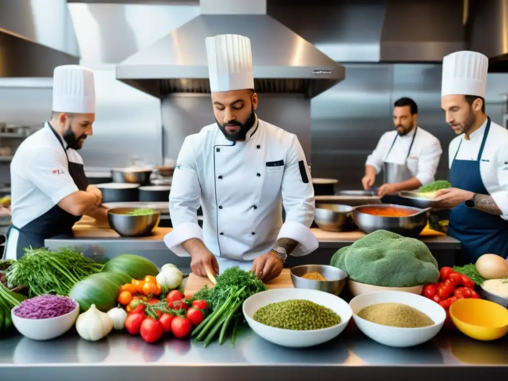 Un cocinero prepara plato francés vegano rodeado de ingredientes frescos en una cocina francesa adaptación vegana
