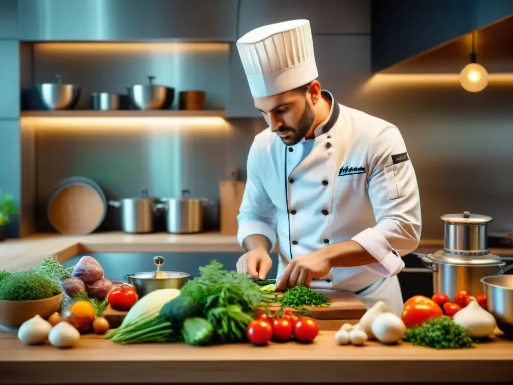 Cocinero profesional usando el mejor procesador de alimentos para recetas francesas en cocina tradicional