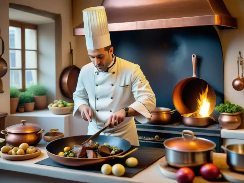 Un cocinero prepara recetas francesas tradicionales del siglo XIX en una cocina antigua y detallada