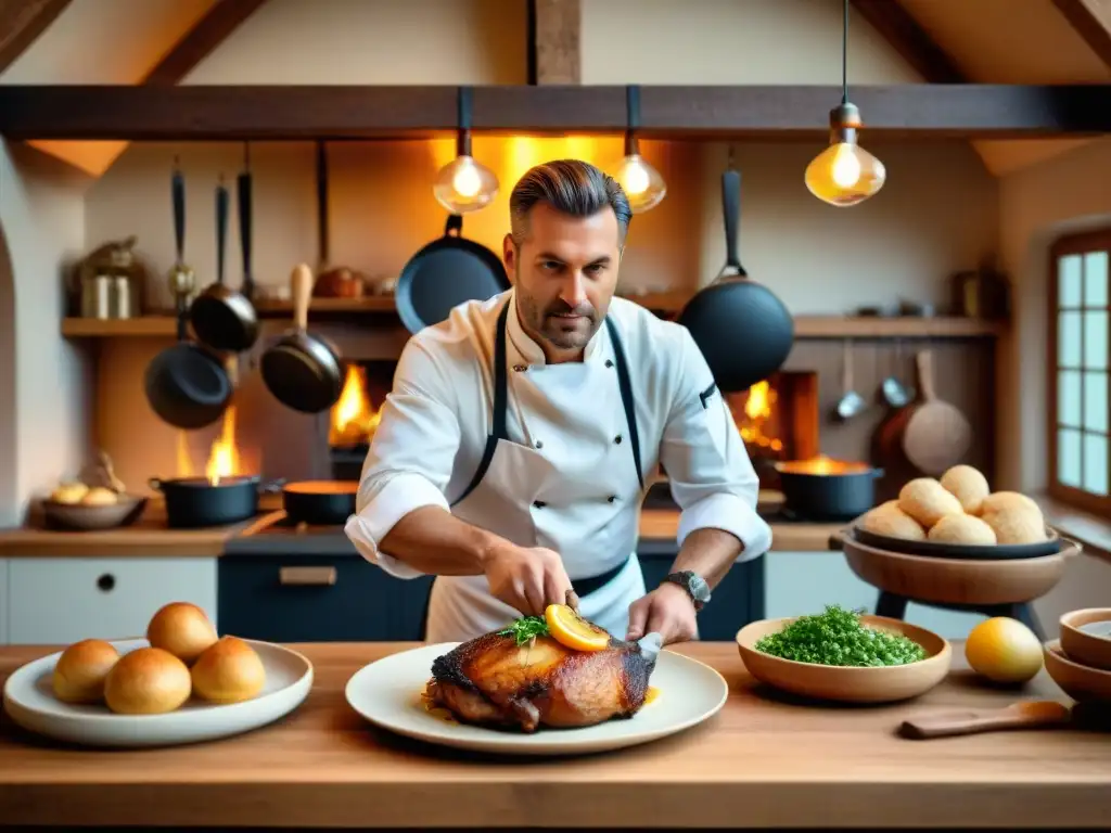 Un cocinero preparando recetas tradicionales de la gastronomía francesa en una cocina alsaciana acogedora