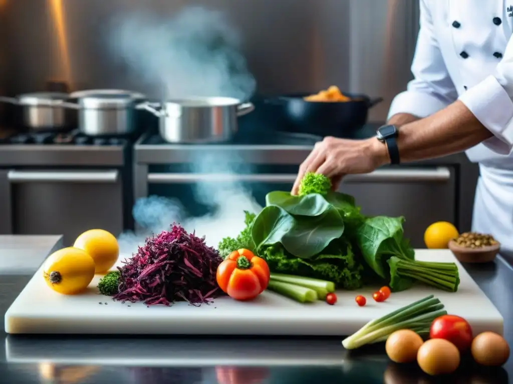 Cocinero separando residuos para compostaje en cocina francesa ecofriendly