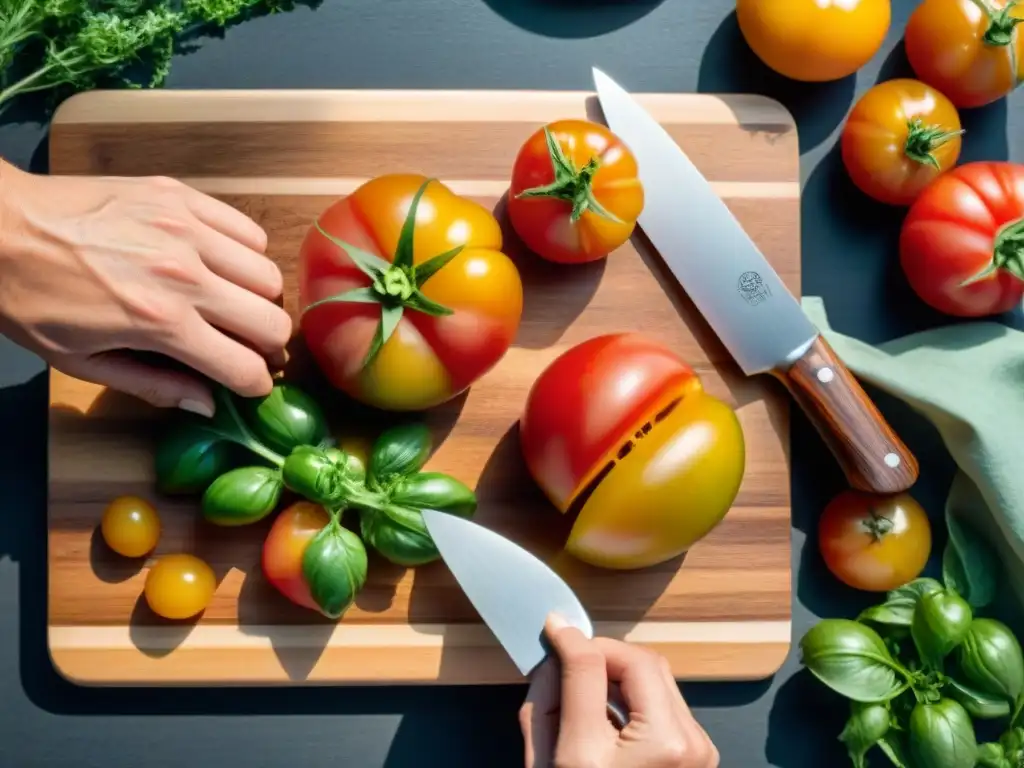 Cocinero cortando tomates heirloom en tabla de madera, con luz suave y utensilios de cocina, para la gastronomía francesa