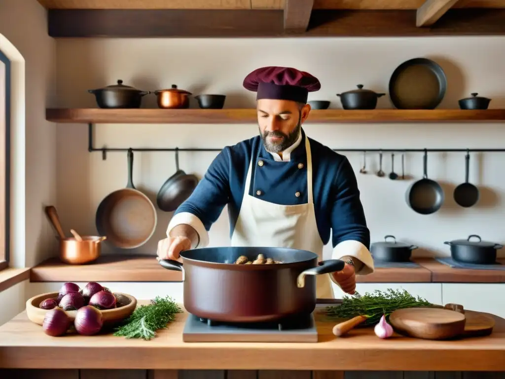 Un cocinero prepara un tradicional Bœuf Bourguignon en una cocina francesa rústica