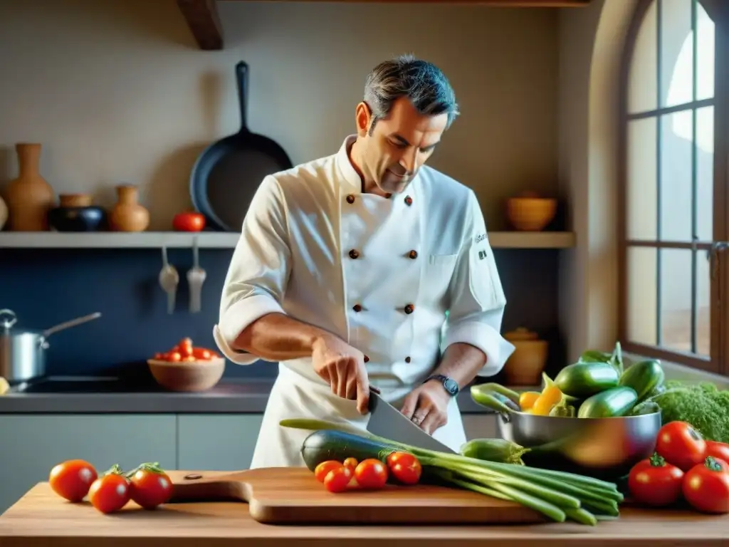 Un cocinero cortando verduras frescas en una cocina rústica francesa para preparar Ratatouille, en una escena iluminada por la luz del sol