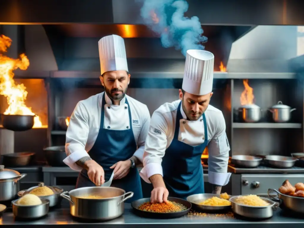 Cocineros franceses en caótica cocina durante guerra, reflejando influencia guerras en formación culinaria francesa