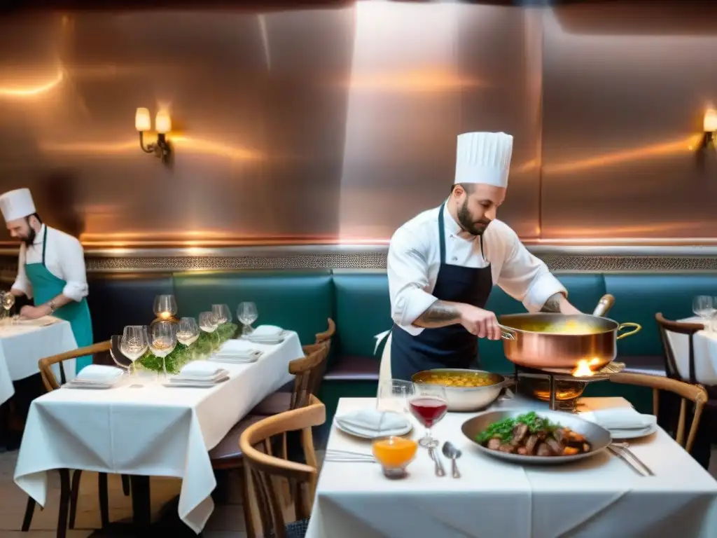 Cocineros preparan platos clásicos de la gastronomía francesa en una bulliciosa brasserie, capturando la esencia de la cocina parisina