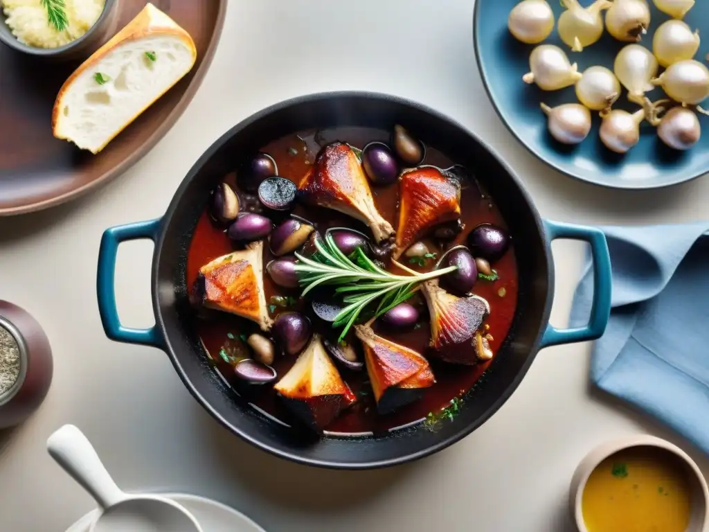 Un cocotte de hierro fundido con Coq au vin rojo intenso, en una cocina acogedora