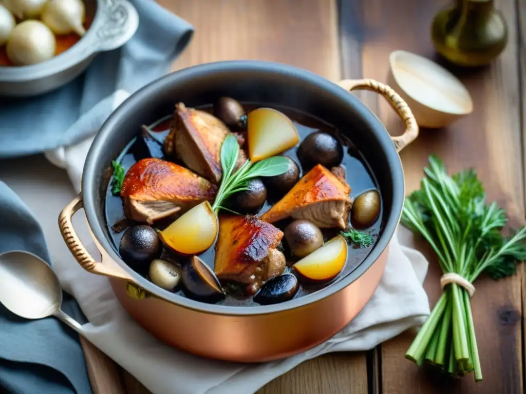 Una cocotte de hierro llena de Coq au Vin burbujeante