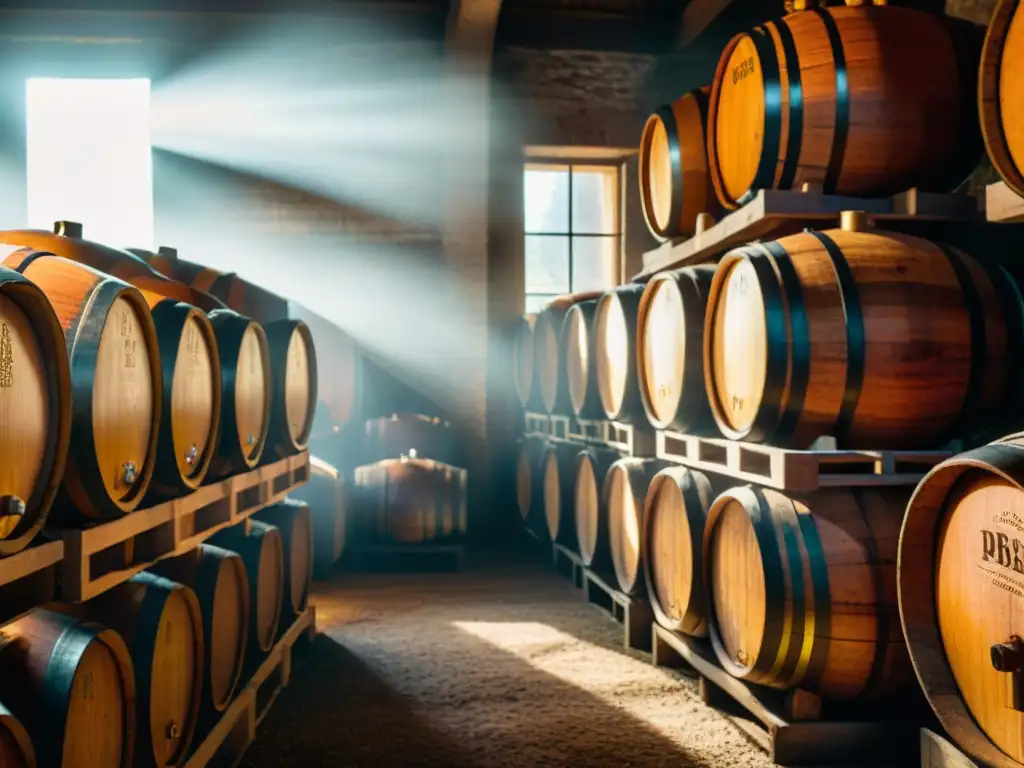 Producción del Cognac en Francia: Barricas de roble envejecido en una bodega iluminada, mostrando la esencia del proceso de maduración