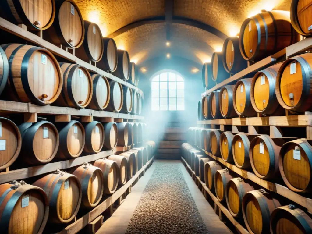 Cognac francés: historia y elaboración capturadas en una bodega tradicional con barricas de roble envejeciendo bajo la luz dorada del sol