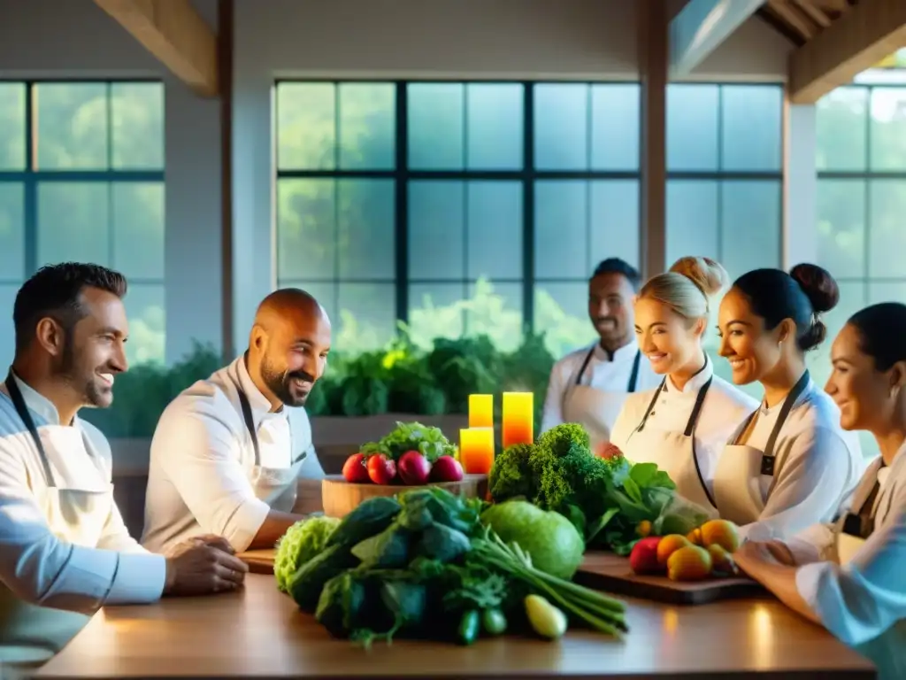 Colaboraciones entre chefs y agricultores en una escena gastronómica sostenible con abundantes alimentos frescos y diversidad