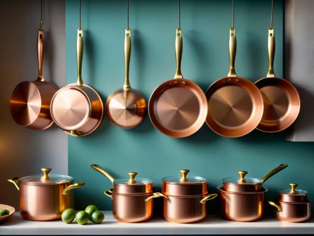 Una colección de batería de cocina para platos franceses, elegante y detallada, colgada en una cocina rústica