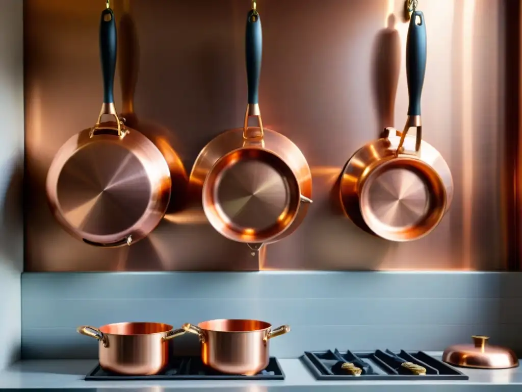 Una colección reluciente de batería de cocina para platos franceses cuelga en una pared rústica, bañada por la luz del sol