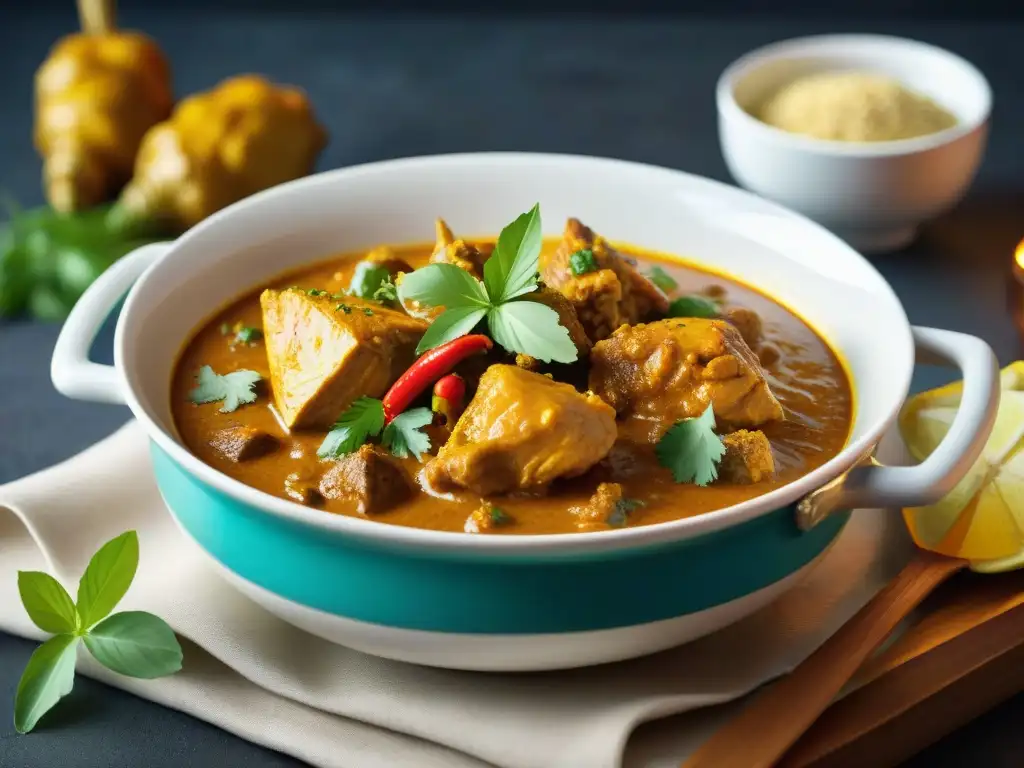 Colombo de Poulet, un sabroso curry de pollo con especias de Martinica en gastronomía francesa, servido en un vibrante plato cerámico