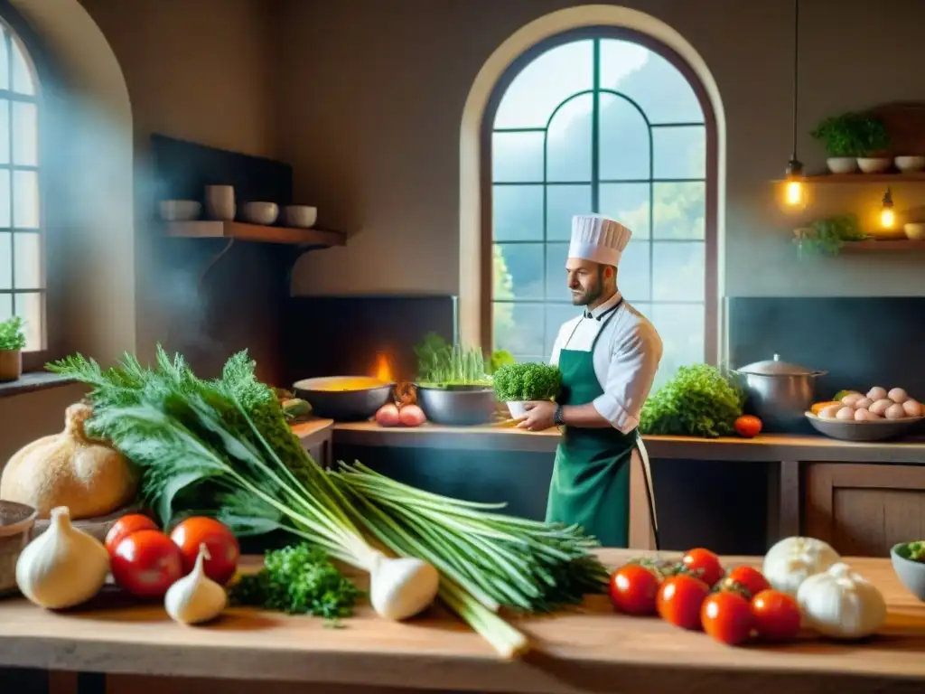 Escena culinaria francesa: frescura y arte gastronómico Color frescura cocina francesa: Cocina tradicional francesa con hierbas y verduras vibrantes en una mesa de madera rústica