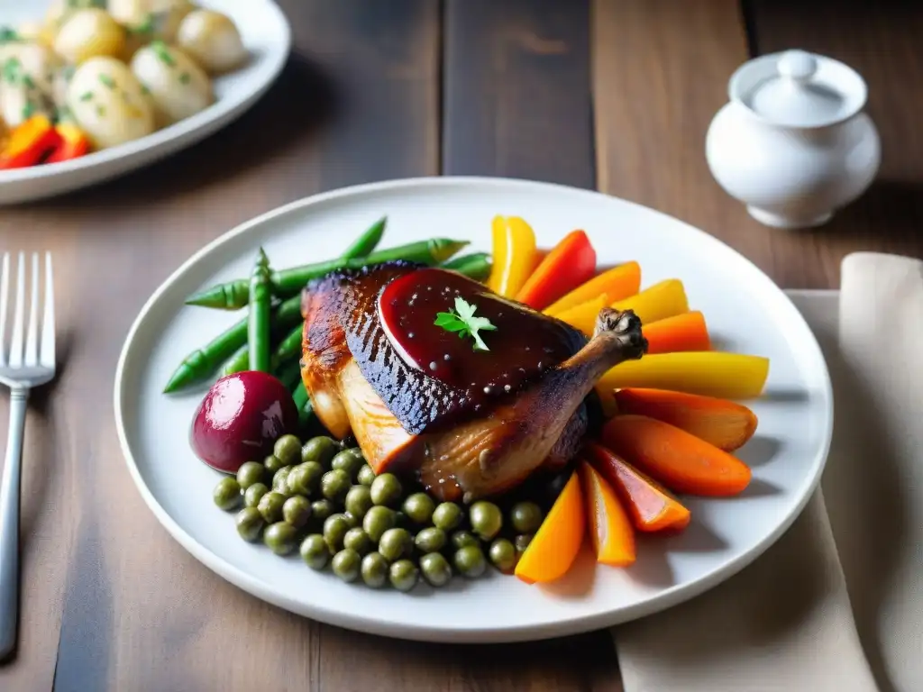 Colores vivos en recetas francesas: Detalle de un exquisito plato de coq au vin con ingredientes vibrantes y texturas ricas