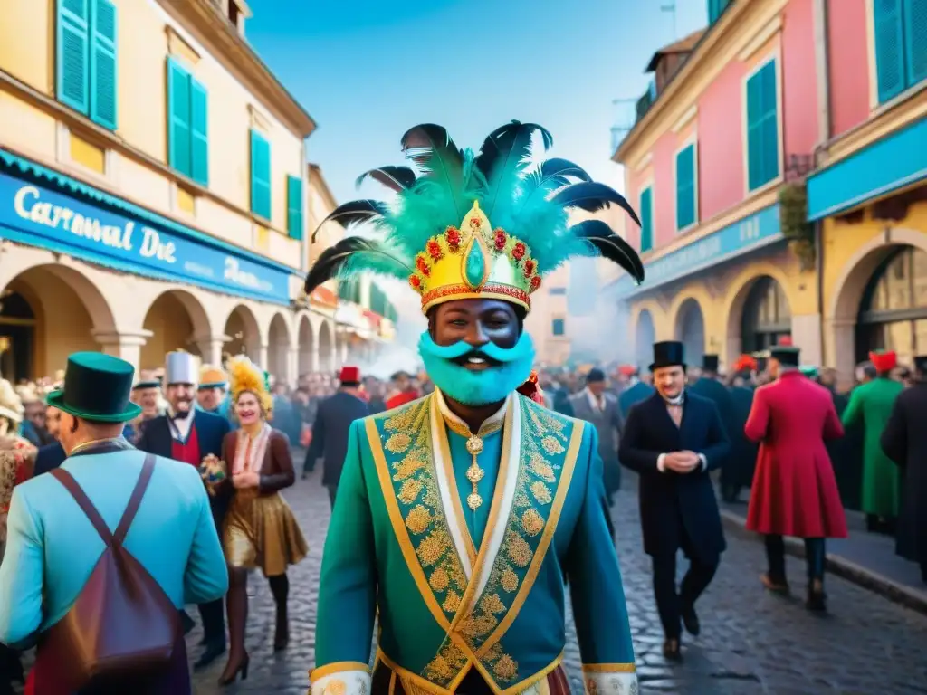 Colorida escena del Carnaval de Niza en Francia, con desfile de disfraces y confeti