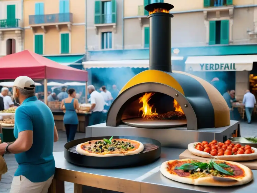 Una colorida escena en un mercado al aire libre en Marsella, Francia, con un horno de pizza tradicional en el centro