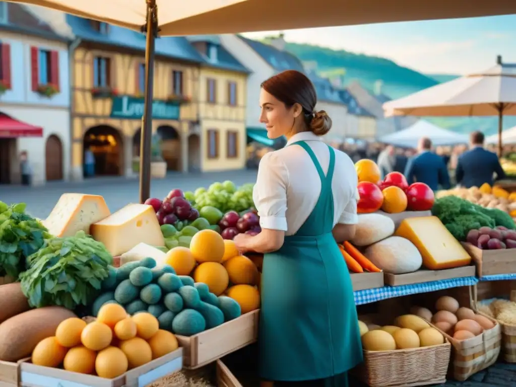 Una colorida escena de un mercado tradicional francés en Lorraine con una variedad de productos frescos y paisajes pintorescos