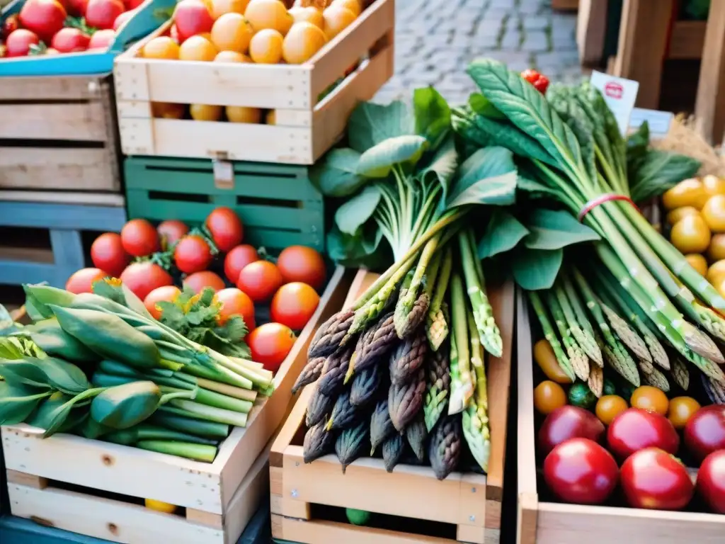 Una colorida exhibición de frutas y verduras de Alsacia en un animado mercado de Colmar