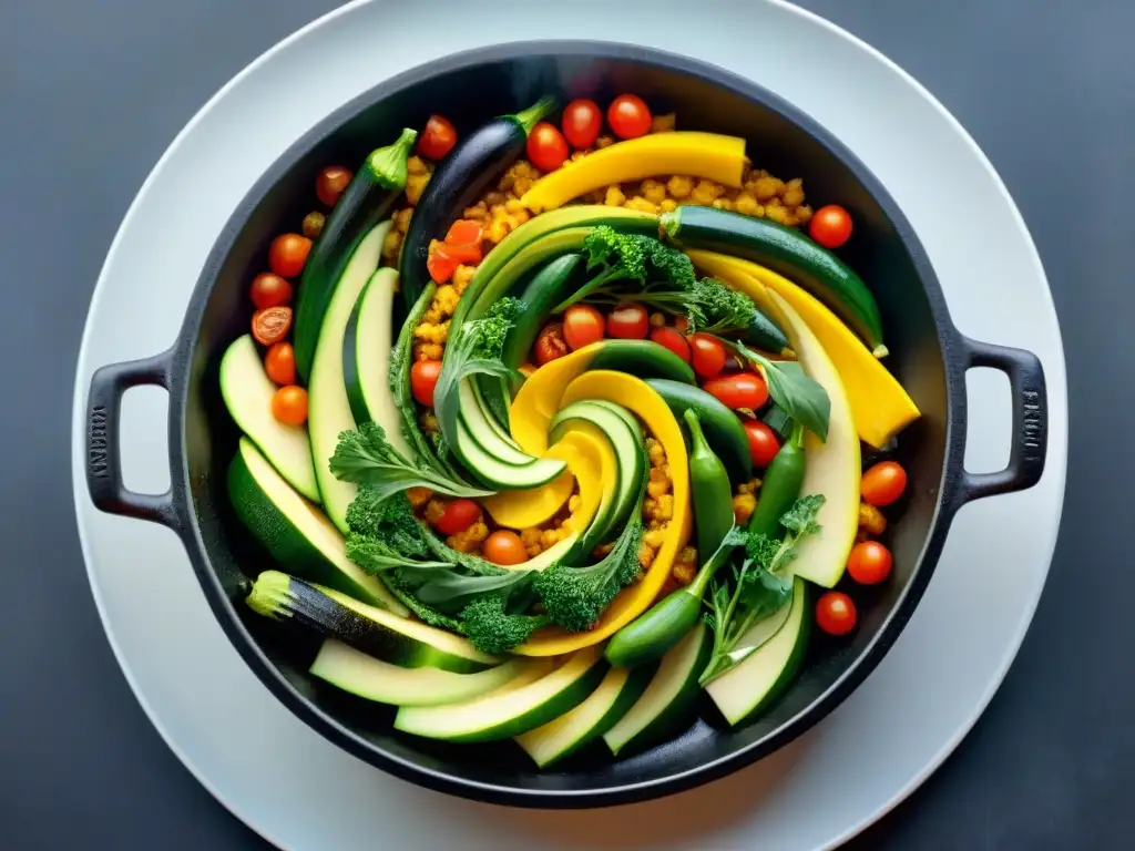 Colorida ratatouille francesa con capas de vegetales en espiral en sartén de hierro fundido