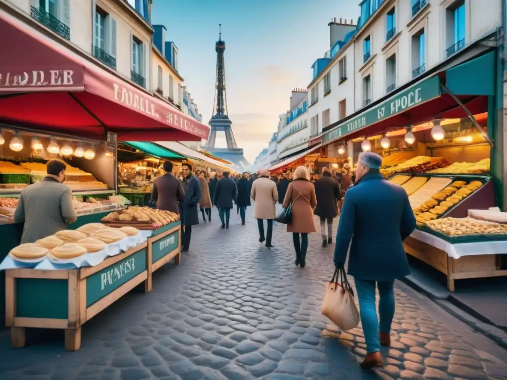 Coloridas ferias de comida callejera Francia: escenas vibrantes en París con delicias culinarias tradicionales y la emblemática Torre Eiffel al fondo