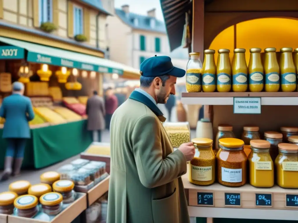 Coloridas tiendas de mostaza en Francia: frascos artesanales, sabores únicos y ambiente vibrante en un mercado tradicional francés