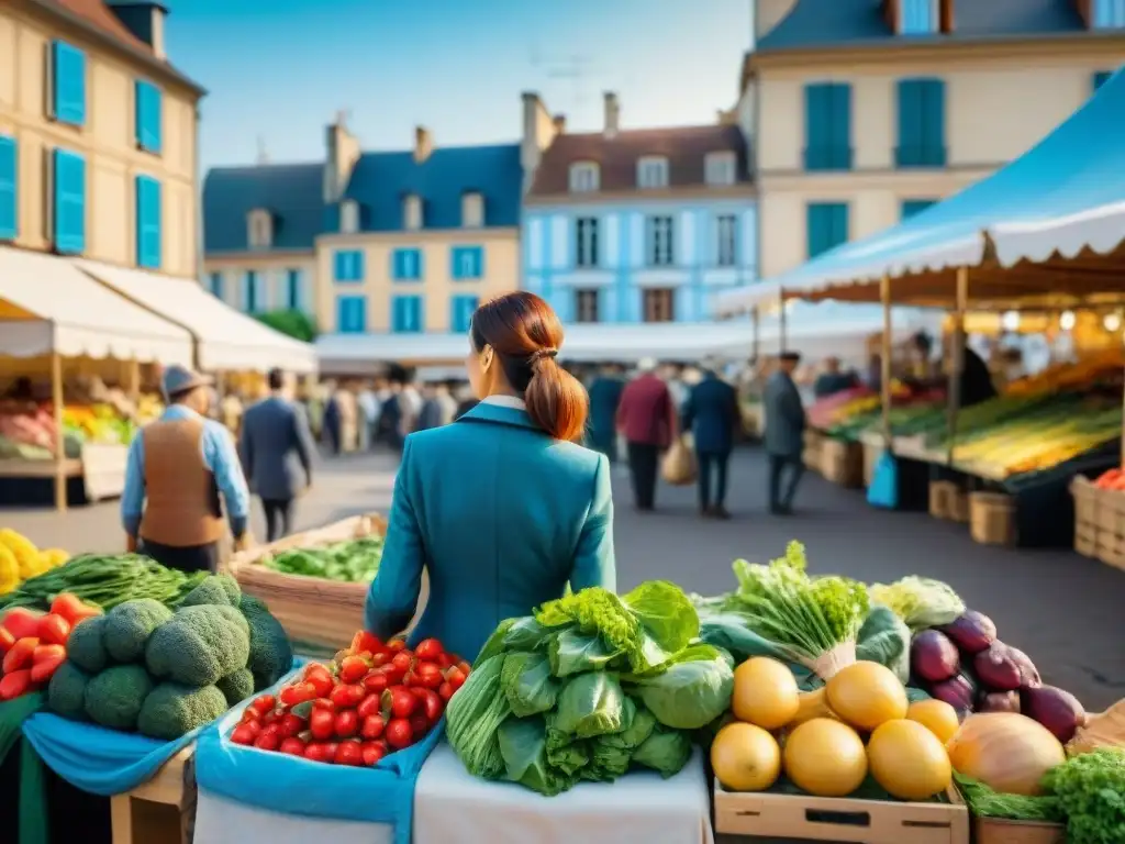 Coloridas verduras en un bullicioso mercado francés, con granjeros locales y edificios pintorescos