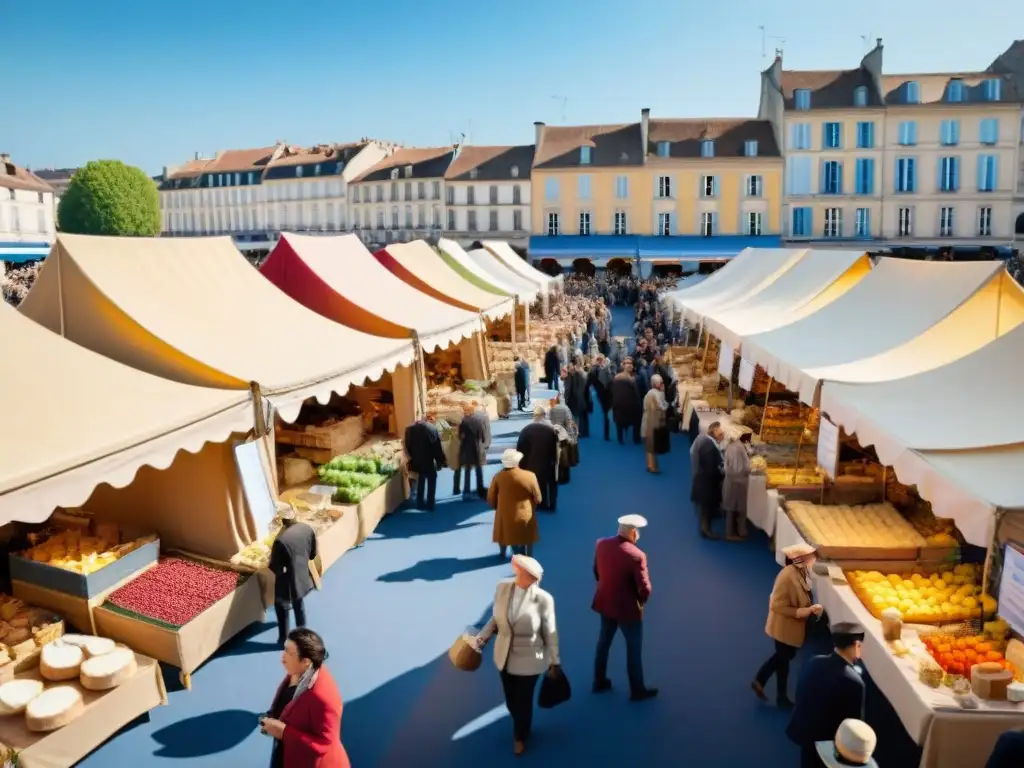 Colorido mercado al aire libre en el Festival Gastronomía Orgánica Francia, con productos frescos y ambiente festivo