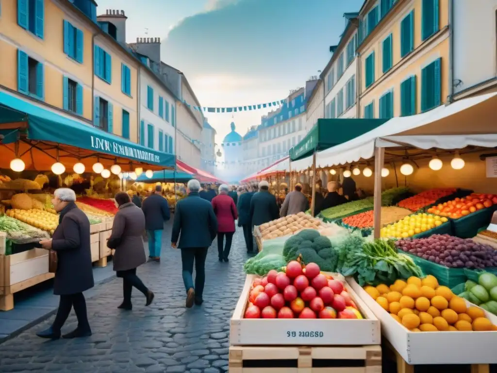 Colorido mercado al aire libre en el Festival Gastronomía de Lyon, con frutas y verduras