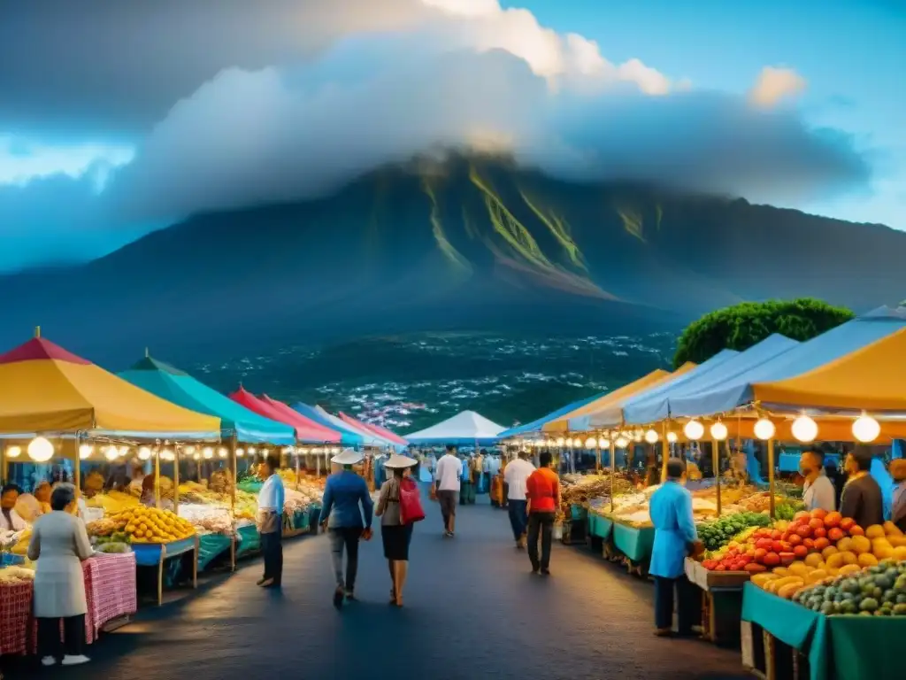 Colorido mercado callejero en Reunión con frutas exóticas y mariscos frescos, bajo el sol