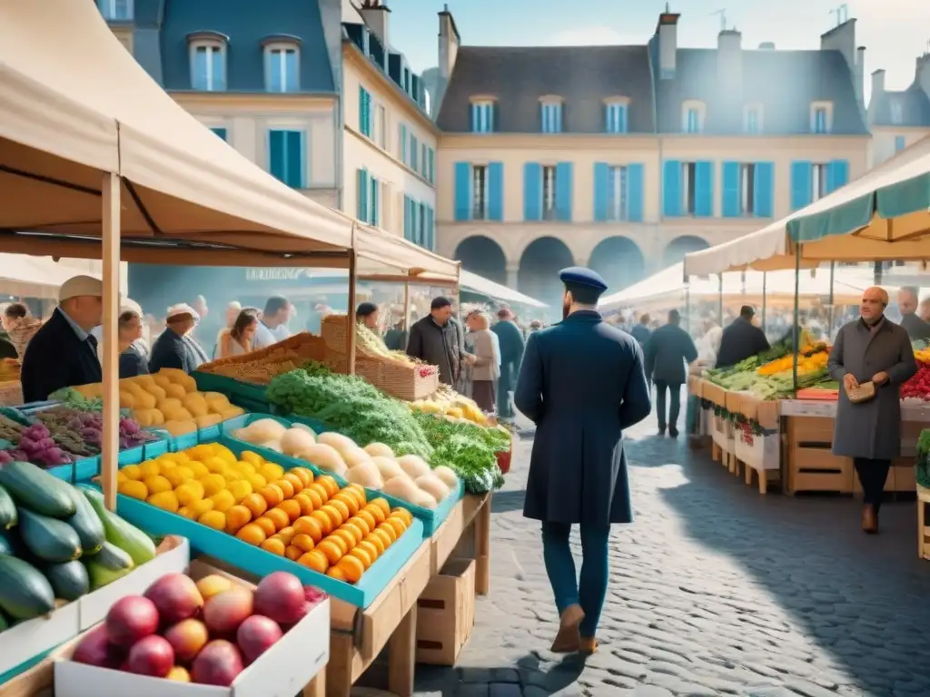 Colorido mercado francés con frutas y verduras frescas, reflejo de la dieta mediterránea