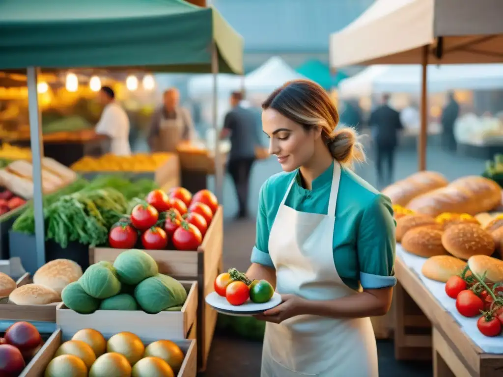 Un colorido mercado francés con productos orgánicos frescos y una panadería tradicional al fondo