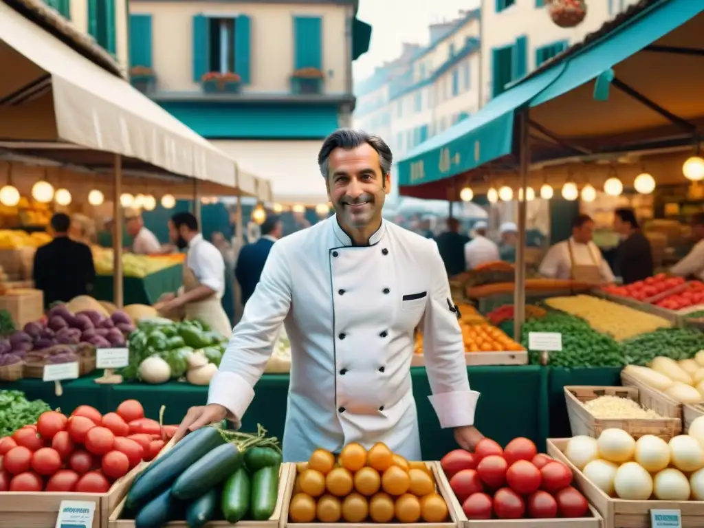 Colorido mercado francés con productos frescos y chefs italianos, reflejo de la influencia italiana en gastronomía francesa