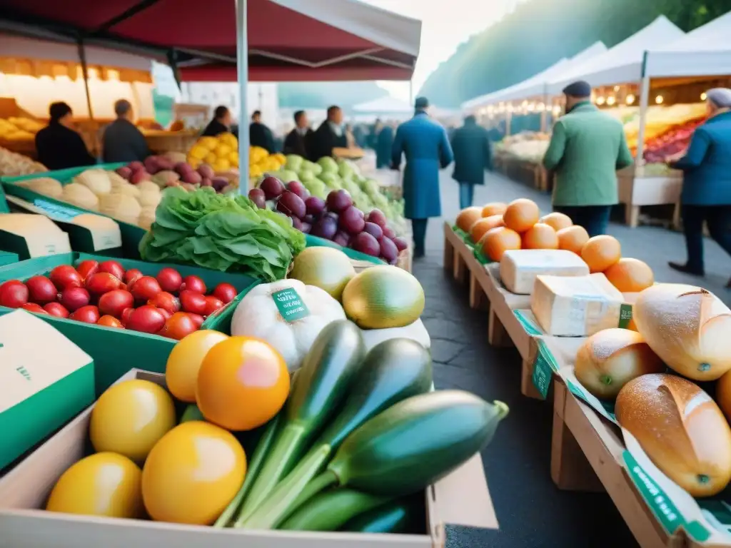 Un colorido mercado francés con productos frescos y locales, donde chefs y agricultores intercambian bajo el sol matutino