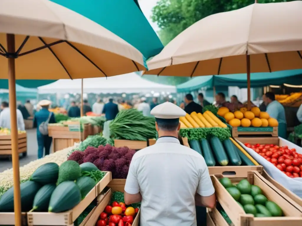 Colorido mercado francés con productos locales en París bajo sombrillas, reflejando la reducción residuos cocina francesa