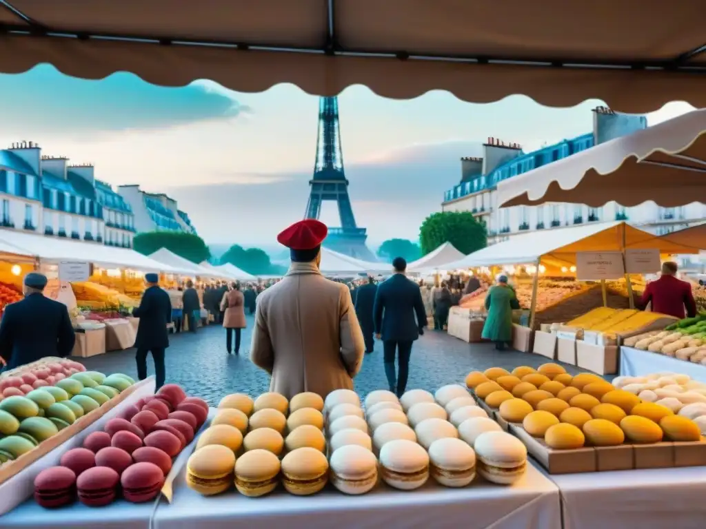 Colorido mercado francés con productos frescos, quesos artesanales y baguettes