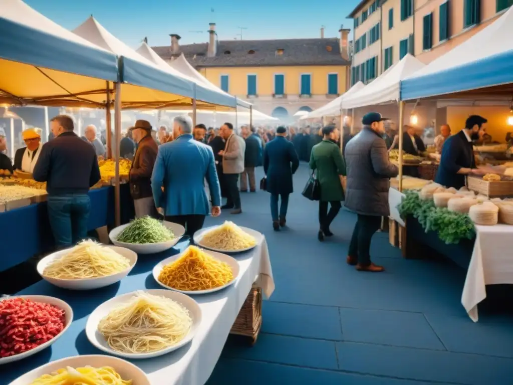 Colorido mercado italiano al aire libre con puestos de pasta fresca, vegetales y quesos bajo un cielo azul