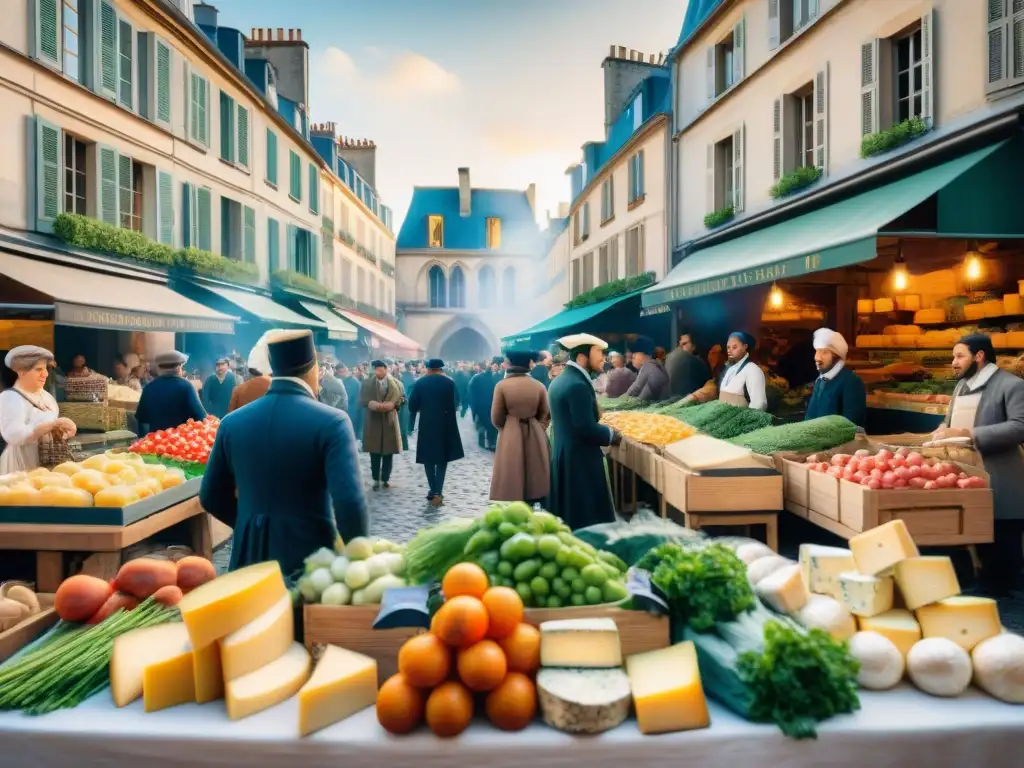 Colorido mercado parisino reflejando la democratización de la cocina francesa post Revolución, con variedad de productos frescos y locales