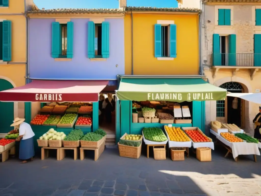 Colorido mercado en Provenza con ingredientes frescos en puestos de madera bajo sombrillas, reflejando la atmósfera auténtica