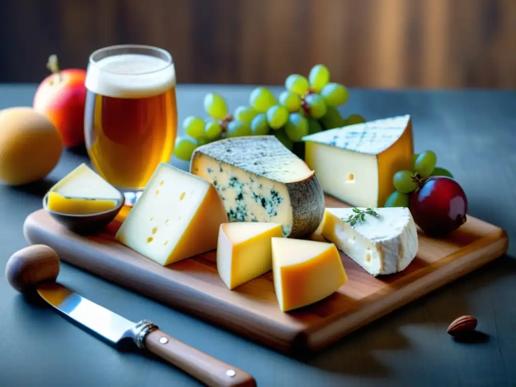 Una combinación exquisita de quesos franceses y cervezas artesanales en una tabla de madera rústica