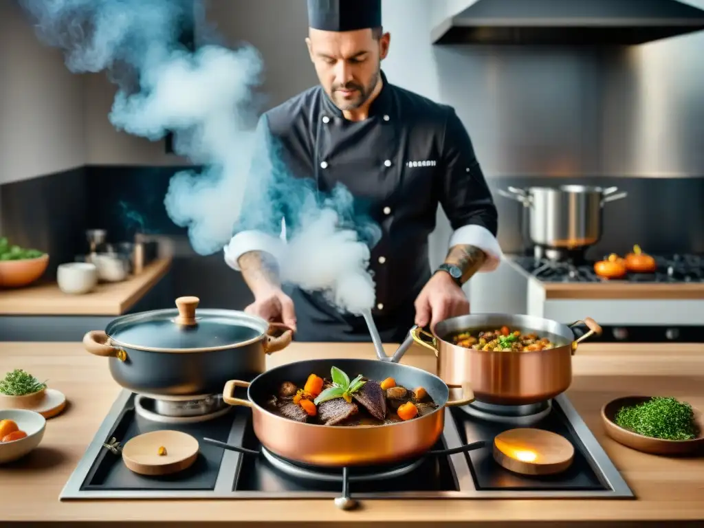 Una comparación entre la cocina francesa tradicional y moderna: un chef clásico y otro vanguardista creando platos icónicos