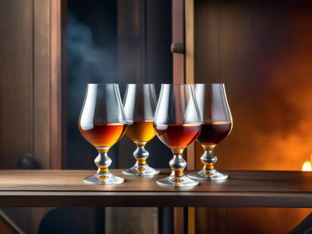 Comparativa Armagnac Cognac: dos copas elegantes de brandy francés en lujoso ambiente de bodega